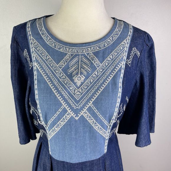 Flying Tomato Chambray A Line Dress Embroidered M Western Boho Country Prairie - Picture 7 of 12